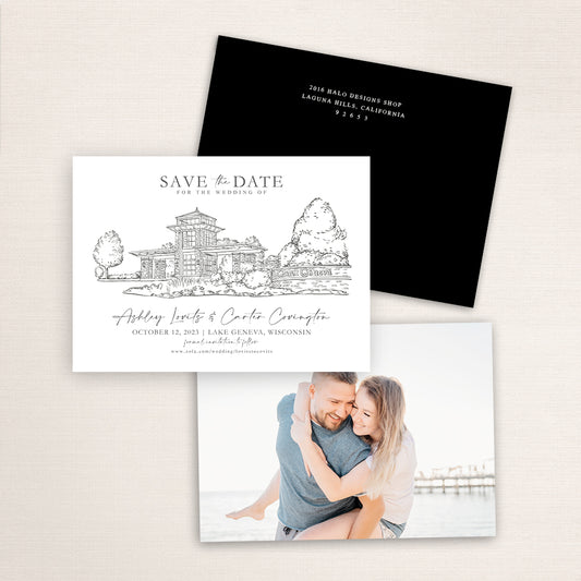 Custom Sketch Save the Date card featuring hand-drawn illustration of the Grand Geneva Resort in Lake Geneva, Wisconsin, personalized wedding stationery with elegant venue artwork with matching envelope.