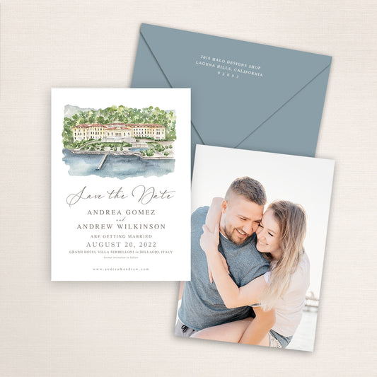 Custom watercolor Save the Date card featuring hand-painted illustration of the Grand Hotel Villa Serbelloni in Bellagio, Italy, personalized wedding stationery with elegant venue artwork.