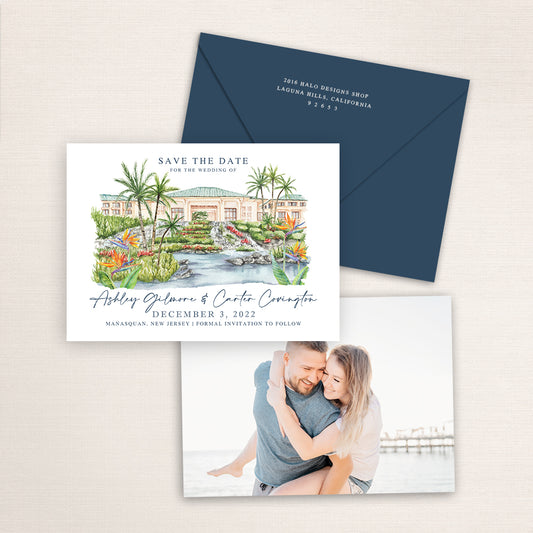 Custom watercolor Save the Date card featuring hand-painted illustration of the Grand Hyatt in Kauai, Hawaii, personalized wedding stationery with elegant venue artwork with matching envelope.