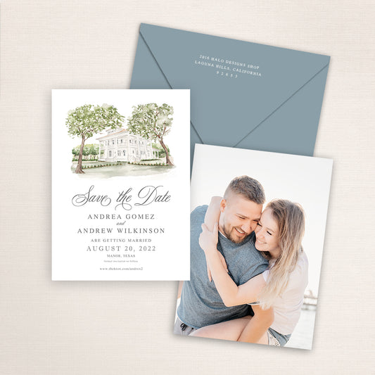 Custom watercolor Save the Date card featuring hand-painted venue illustration of The Grand Lady in Manor, Texas, personalized wedding stationery with elegant venue artwork with matching envelope.
