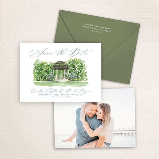 Custom watercolor Save the Date card featuring hand-painted illustration of the Botanical Gardens in Green Bay, Wisconsin, personalized wedding stationery with elegant venue artwork with matching envelope.