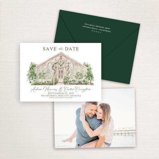 Custom watercolor Save the Date card featuring hand-painted venue illustration of The Greenery in Amite City, Louisiana, personalized wedding stationery with elegant venue artwork with matching envelope.