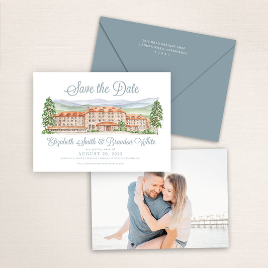 Custom watercolor Save the Date card featuring hand-painted venue illustration of Omni Bedford Springs in Bedford, Pennsylvania, personalized wedding stationery with elegant venue artwork.