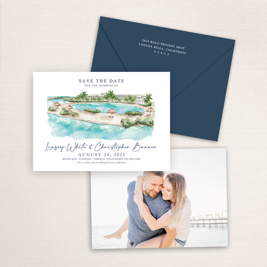 Custom watercolor Save the Date card featuring hand-painted venue illustration of Hawks Cay Resort in Duck Key, Florida, personalized wedding stationery with elegant venue artwork with matching envelope.