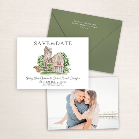 Custom watercolor Save the Date card featuring hand-painted venue illustration of Helmer Castle in Jackson, Michigan, personalized wedding stationery with elegant venue artwork with matching envelope.