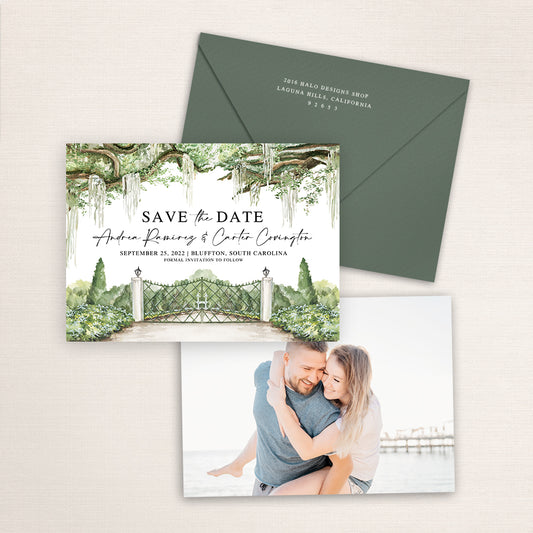 Custom watercolor Save the Date card featuring hand-painted venue illustration of Hewitt Oaks Gate in Bluffton, South Carolina. Personalized wedding stationery with elegant venue artwork and Oak trees and matching envelopes.
