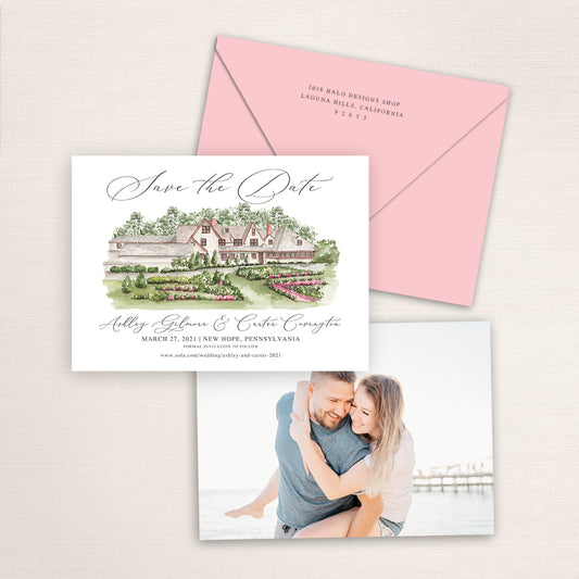 Custom watercolor Save the Date card featuring hand-painted venue illustration of Hotel du Village in New Hope, Pennsylvania, personalized wedding stationery with elegant venue artwork with matching envelope.