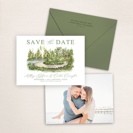 Custom watercolor Save the Date card featuring hand-painted venue illustration of the Aboretum in Houston, Texas, personalized wedding stationery with elegant venue artwork with matching envelope.