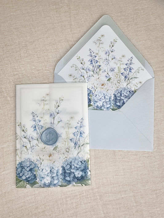 Dusty Blue and white floral Vellum Wrap + Matching Envelope