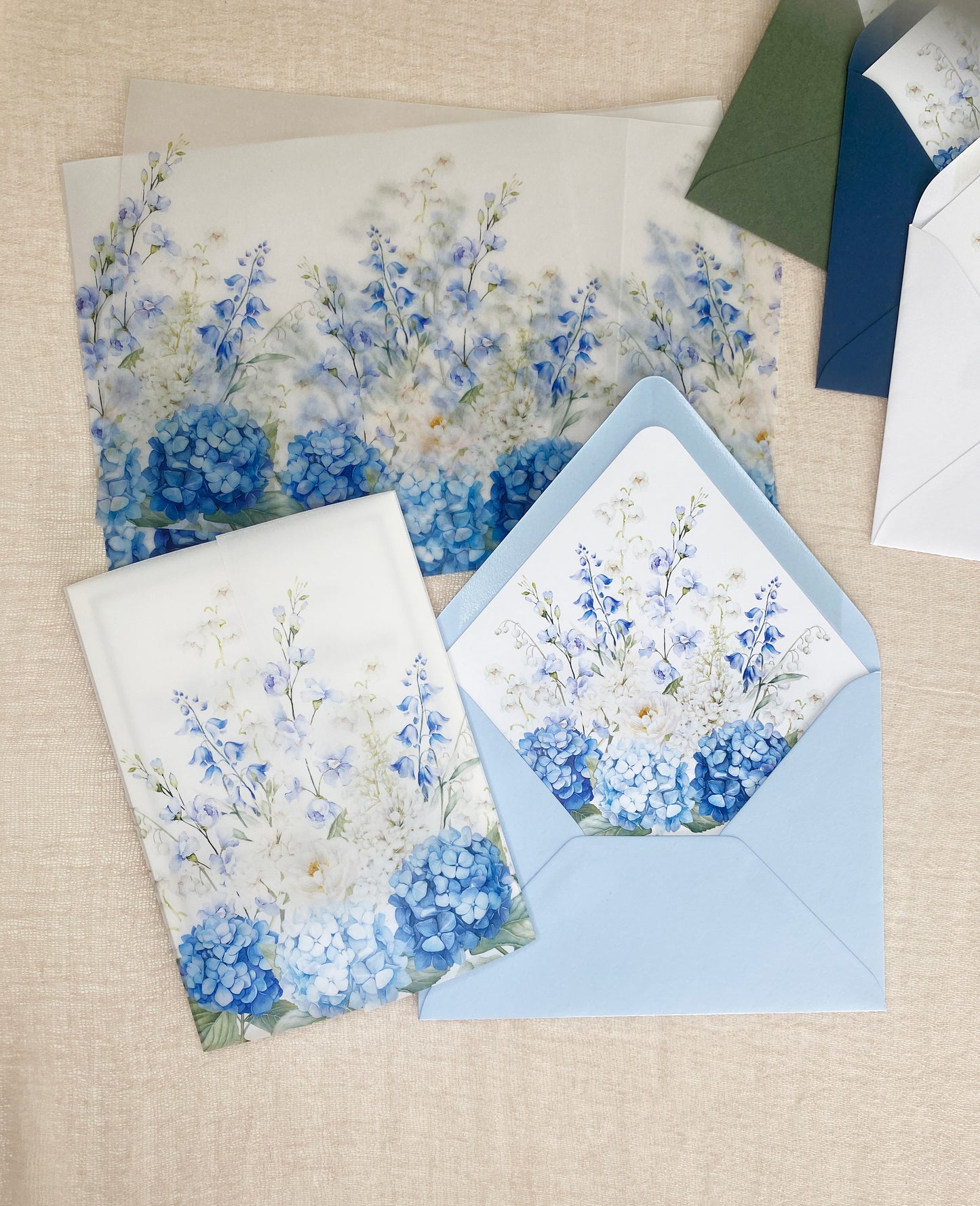 Dusty Blue and white floral Vellum Wrap + Matching Envelope