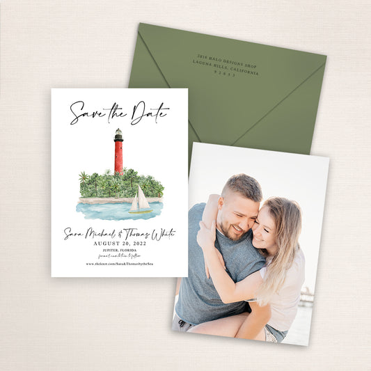 Custom watercolor Save the Date card featuring hand-painted venue illustration of Jupiter Lighthouse and sailboat in Jupiter, Florida. Personalized wedding stationery with elegant venue artwork and matching envelopes.