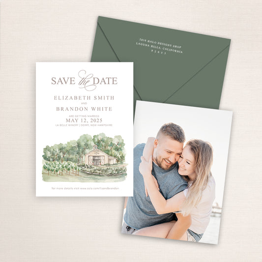 Wedding save the date cards featuring a hand-painted venue watercolor of La Belle Winery in New Hampshire with an engagement photo on the back and matching envelopes.