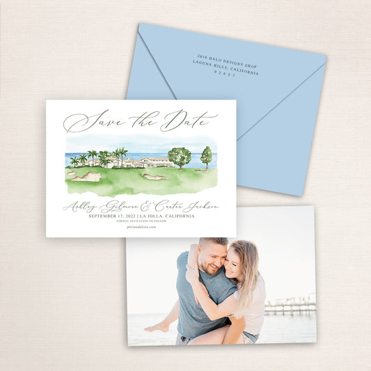 Custom watercolor Save the Date card featuring hand-painted venue illustration of La Jolla Golf Club in La Jolla, California, personalized wedding stationery with elegant venue artwork with matching envelope.