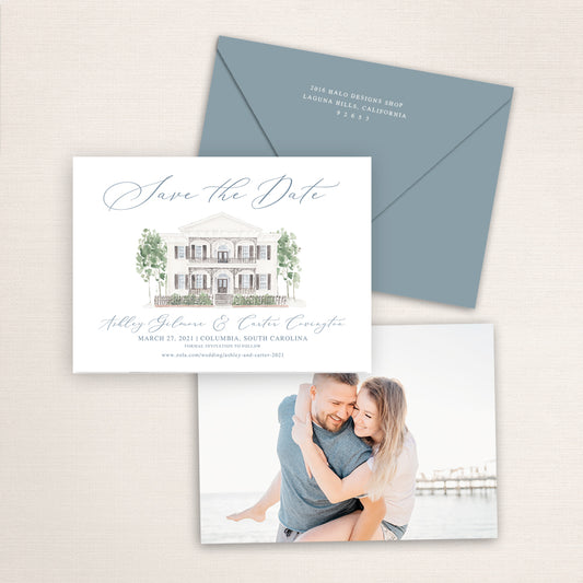 Custom watercolor Save the Date card featuring hand-painted venue illustration of Lace House in Columbia, South Carolina, personalized wedding stationery with elegant venue artwork with matching envelope.
