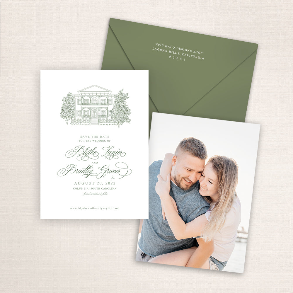 Custom Sketch Save the Date card featuring hand-drawn venue illustration of Lace House in Columbia, South Carolina. Personalized wedding stationery with elegant venue artwork with matching envelopes.