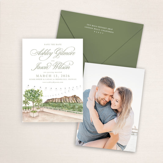 Wedding save the date cards featuring a hand-painted view of the Leahi Lanai view Diamond Head in Honolulu Hawaii. Includes an engagement photo on the back and matching envelopes.