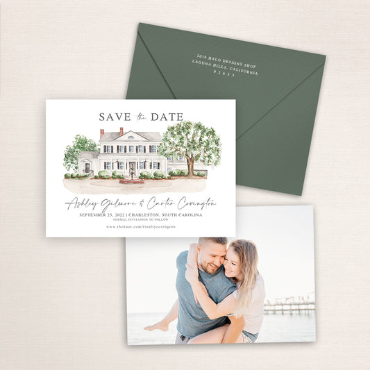 Custom watercolor Save the Date card featuring hand-painted venue illustration of Legare Waring House in Charleston, South Carolina, personalized wedding stationery with elegant venue artwork with matching envelope.