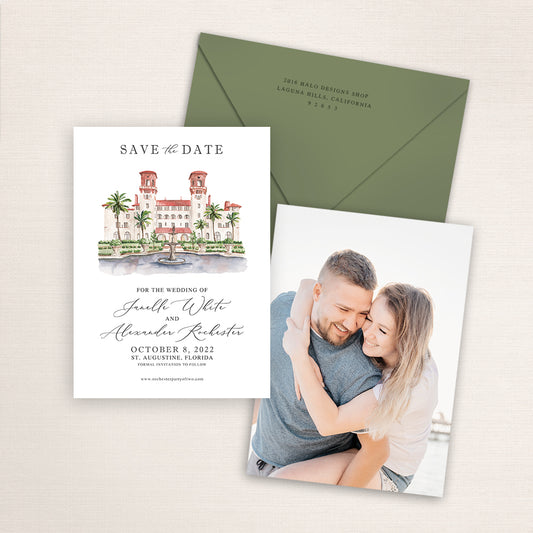 Custom watercolor Save the Date card featuring hand-painted venue illustration of Lightner Museum in St. Augustine, Florida, personalized wedding stationery with elegant venue artwork with matching envelope.