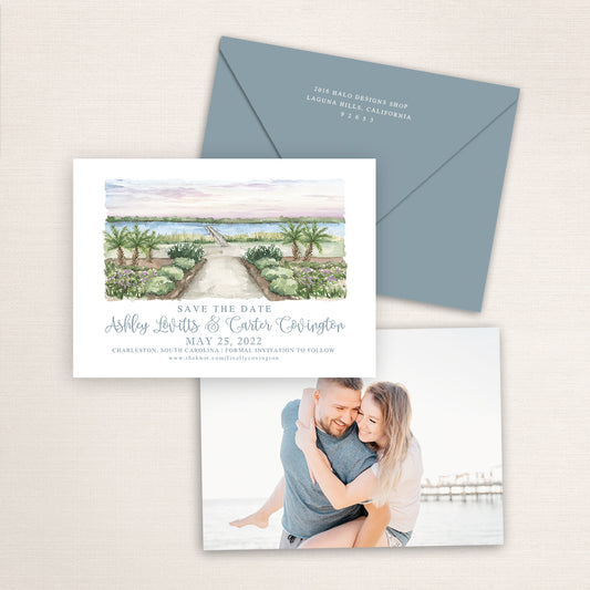 Custom watercolor Save the Date card featuring hand-painted venue illustration of Lowndes Grove Pier at sunset in Charleston, South Carolina. Personalized wedding stationery with elegant venue artwork and matching envelopes.