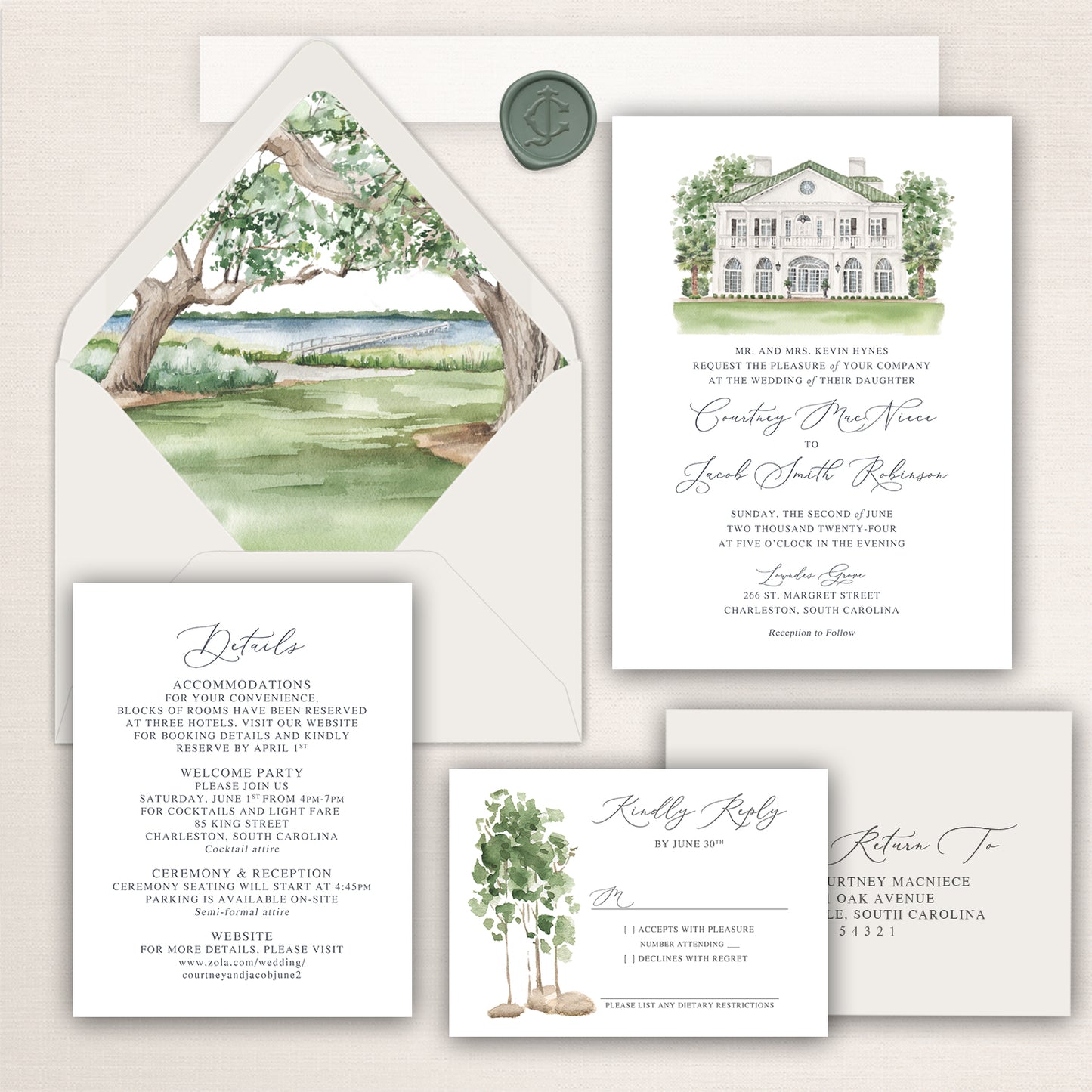 Lowndes Grove wedding invitation suite with watercolor venue artwork, greenery envelope liner, details insert, and matching RSVP card with tree design.