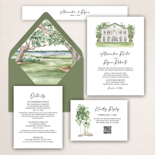 Lowndes Grove wedding invitation suite with watercolor venue artwork, coordinating envelope liner, details insert, and matching QR code RSVP.