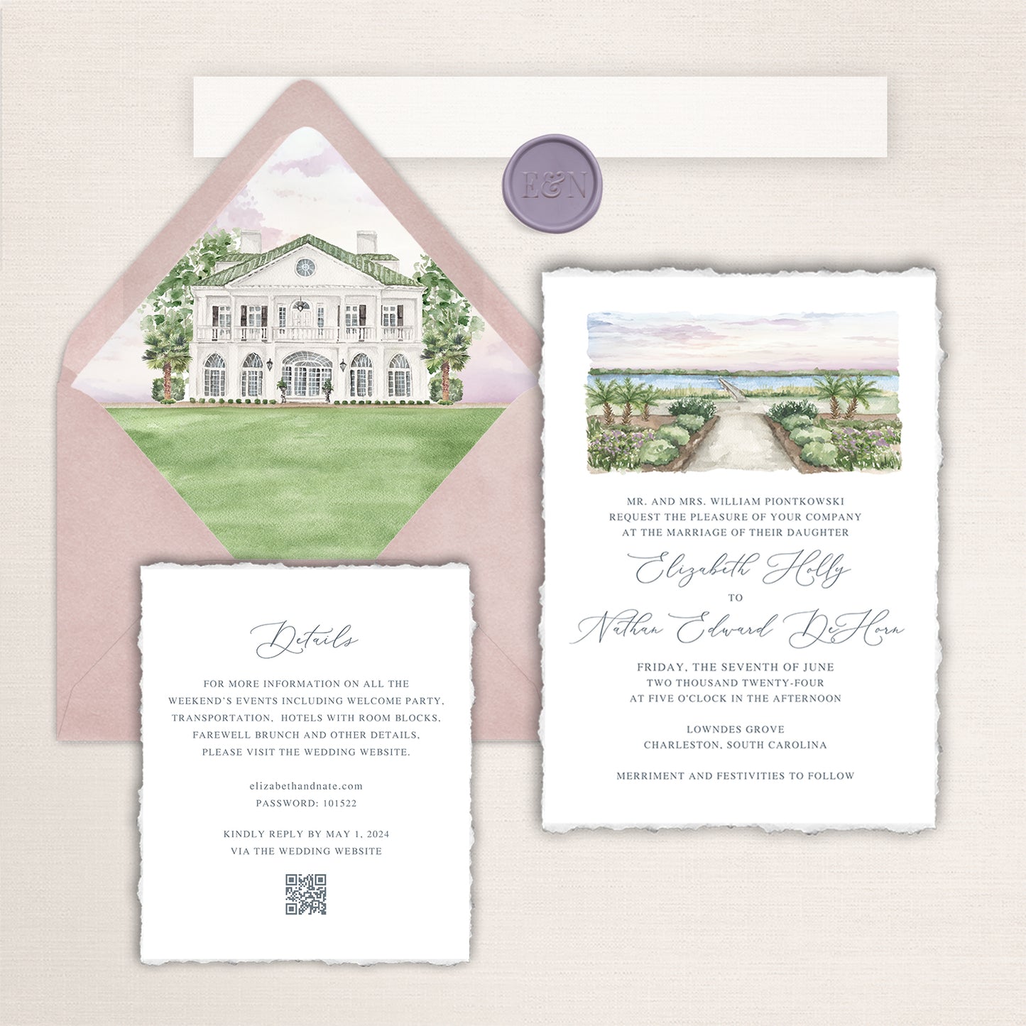 Lowndes Grove wedding invitation suite with watercolor venue artwork, blush envelope liner, matching details card, and textured deckled-edge paper.