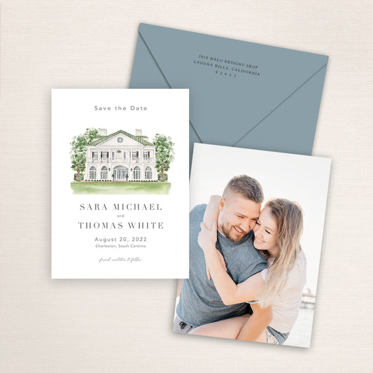 Custom watercolor Save the Date card featuring hand-painted venue illustration of Lowndes Grove in Charleston, South Carolina, personalized wedding stationery with elegant venue artwork with matching envelope.