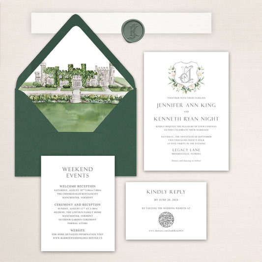 Elegant wedding invitation suite featuring a hand-painted watercolor Luttrellstown castle illustration, deep green envelope with matching liner, monogram wax seal, formal invitation card, weekend events card, and RSVP card displayed on a neutral linen background.
