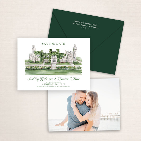 Custom watercolor Save the Date card featuring hand-painted venue illustration of Luttrellstown Castle in Dublin, Ireland, personalized wedding stationery with elegant venue artwork with matching envelope with matching envelope.