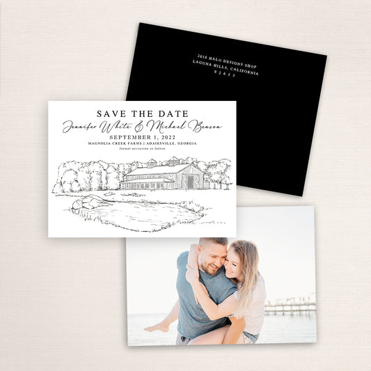 Magnolia Creek Farms save the date featuring a detailed fine line illustration of the Adairsville, Georgia barn venue with pond and trees, elegant black script typography, black envelope, and engagement photo on the back.