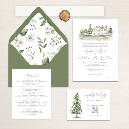 Manor House wedding invitation suite featuring a watercolor venue illustration, floral envelope liner, RSVP card with evergreen tree, and matching details card and wax seals.
