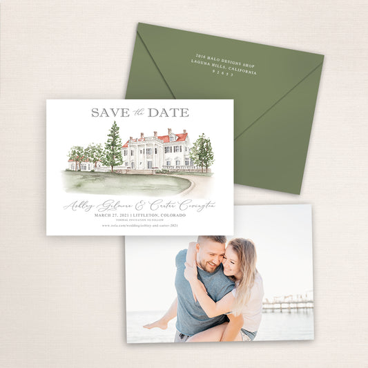 Custom watercolor Save the Date card featuring hand-painted venue illustration of The Manor House in Littleton, Colorado, personalized wedding stationery with elegant venue artwork with matching envelope.