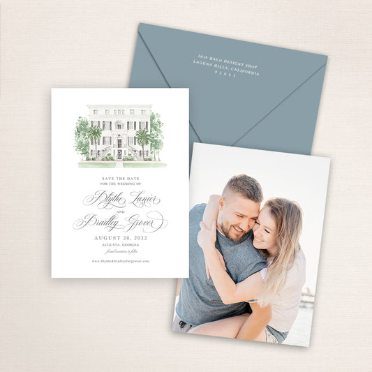 Custom watercolor Save the Date card featuring hand-painted venue illustration of Mario Hatch Center in Augusta, Georgia, personalized wedding stationery with elegant venue artwork with matching envelope.