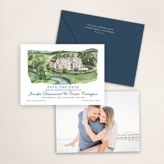 Custom watercolor Save the Date card featuring hand-painted venue illustration of Markee Castle in Collooney, Ireland, personalized wedding stationery with elegant venue artwork with matching envelope.