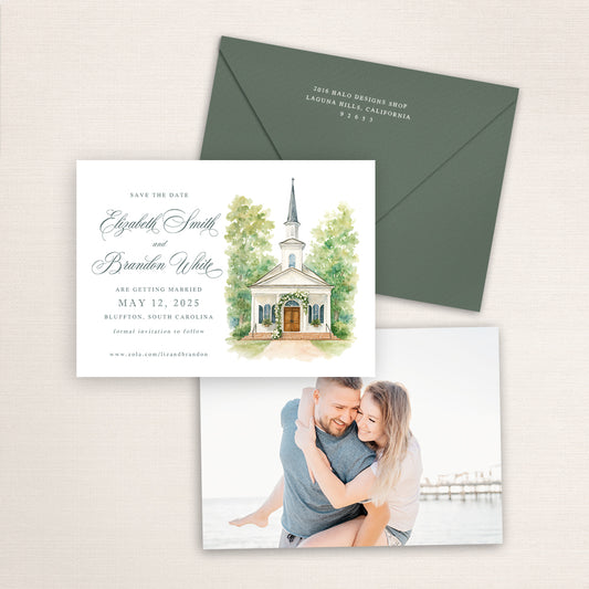 May River Chapel save the date featuring a custom watercolor illustration of the white Bluffton, South Carolina chapel with steeple and greenery, romantic script typography, sage green envelope, and engagement photo on the back.