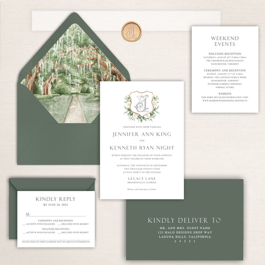 Minimalist Crest Invitations with Optional Venue Liner