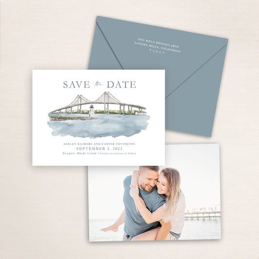 Custom watercolor Save the Date card featuring hand-painted venue illustration of Newport Bridge in Newport, Rhode Island, personalized wedding stationery with elegant venue artwork with matching envelope.