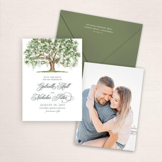Detailed Live Oak tree watercolor Save the Date card featuring a hand-painted illustration of a Live Southern Oak Tree covered in Spanish Moss. Personalized wedding stationery with beautiful tree artwork with matching envelope.