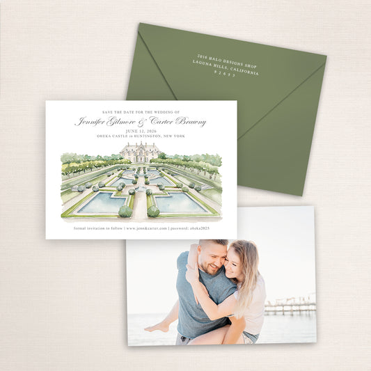 Hand-painted watercolor of Oheka Castle in New York, printed on a save the date announcement with a photo on the back and matching envelopes.