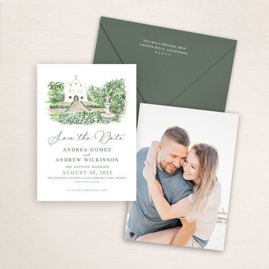 Custom watercolor Save the Date card featuring hand-painted venue illustration of the One and Only Palmilla in San Jose Del Cabo, Mexico, personalized wedding stationery with elegant venue artwork with matching envelope.