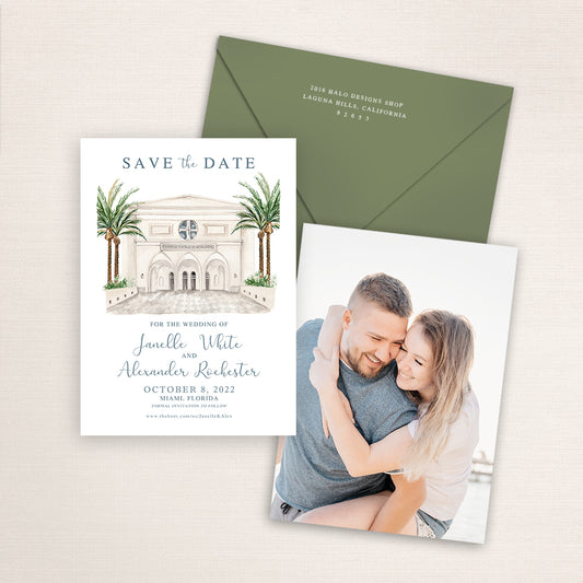 Custom watercolor Save the Date card featuring hand-painted venue illustration of Our Lady of Belen Chapel in Miami, Florida, personalized wedding stationery with elegant venue artwork with matching envelope.
