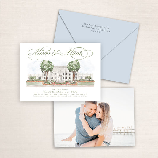 Custom watercolor Save the Date card featuring hand-painted venue illustration of the Park Savoy in Florham Park, New Jersey, personalized wedding stationery with elegant venue artwork with matching envelope.