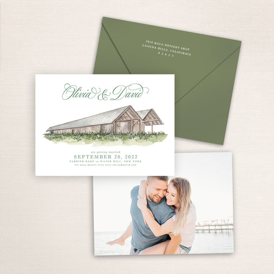 Custom watercolor Save the Date card featuring hand-painted venue illustration of Parrish Barn in Water Mill, New York, personalized wedding stationery with elegant venue artwork with matching envelope.