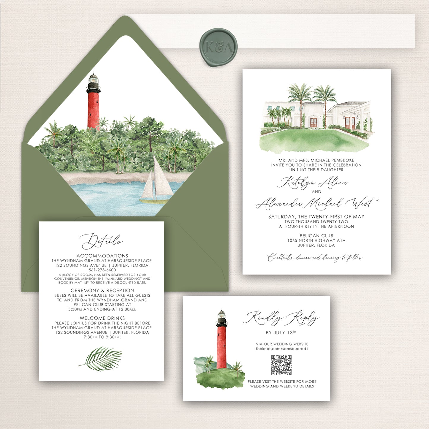 Pelican Club wedding invitation suite with hand-painted watercolor venue and Jupiter Lighthouse illustrations, lined envelopes, RSVP card, and details insert.