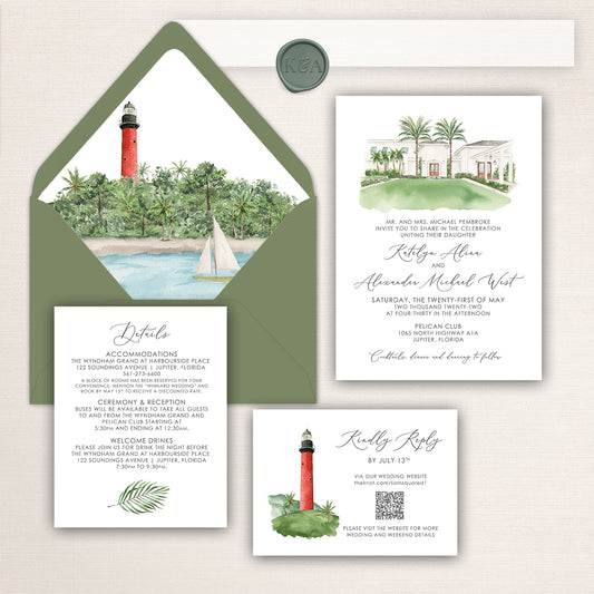 Pelican Club wedding invitation suite with hand-painted watercolor venue and Jupiter Lighthouse illustrations, lined envelopes, RSVP card, and details insert.