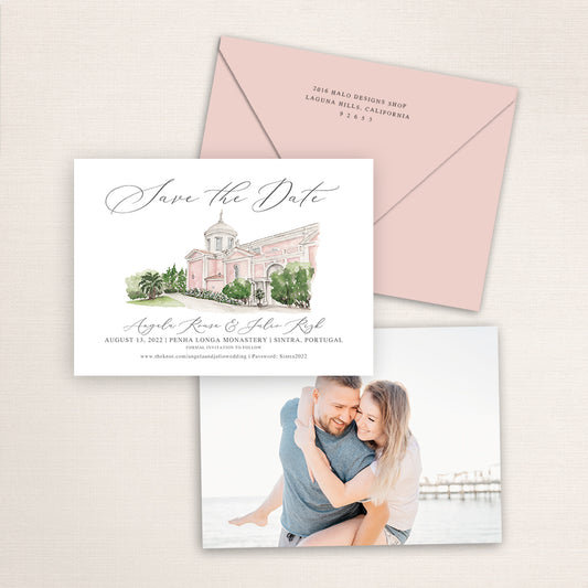 Custom watercolor Save the Date card featuring hand-painted venue illustration of Penha Longa Monastery in Sinatra, Portugal, personalized wedding stationery with elegant venue artwork with matching envelope.