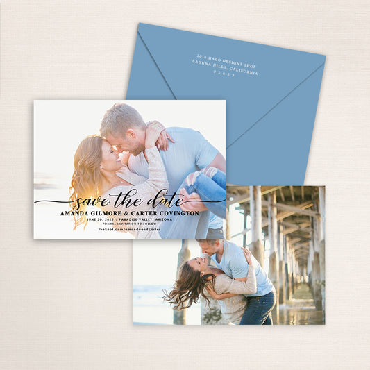 Horizontal photo save the date suite with script typography over the photo, an additional engagement photo of the couple on the back, and matching envelope with white ink address printing.