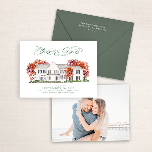 Custom watercolor Save the Date card featuring hand-painted venue illustration of Pineapple Inn in New Hope, Pennsylvania, personalized wedding stationery with elegant venue artwork with matching envelope.