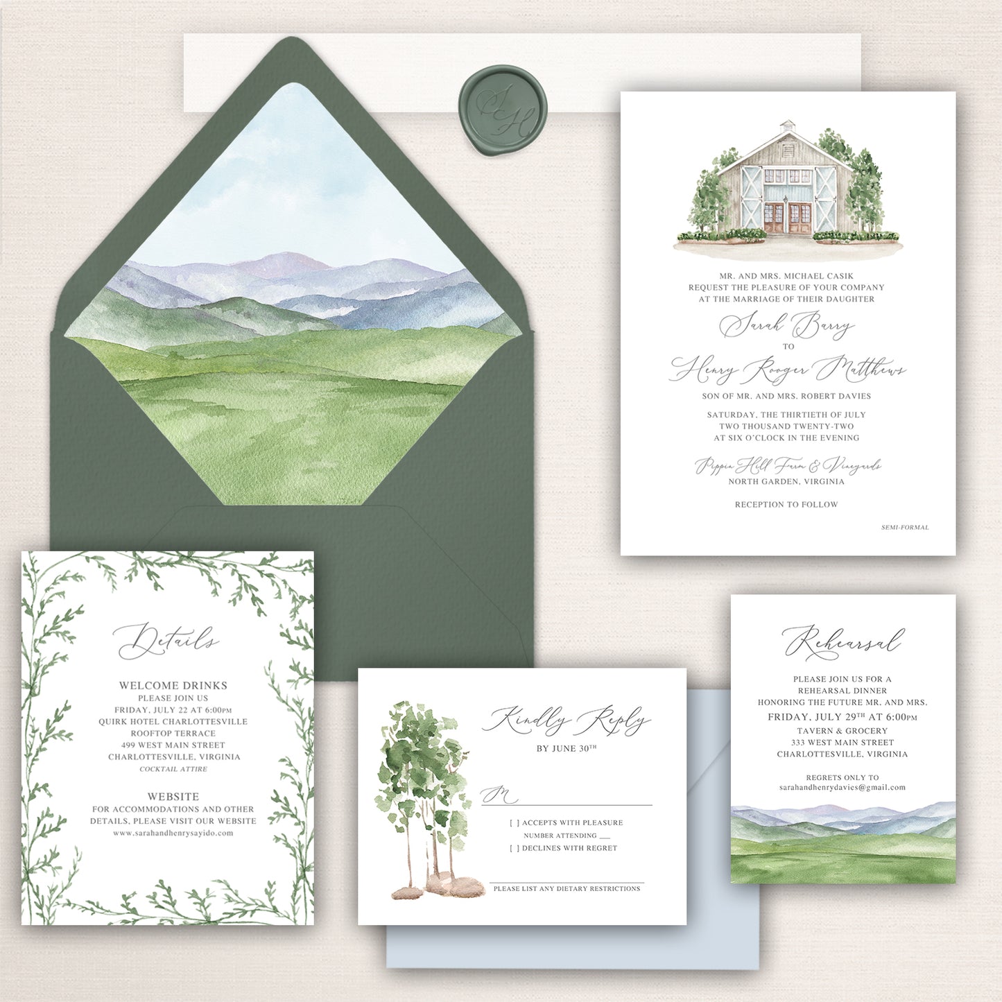 Pippin Hill wedding invitation suite with watercolor barn illustration, mountain envelope liner, RSVP card, details card, and rehearsal dinner insert,