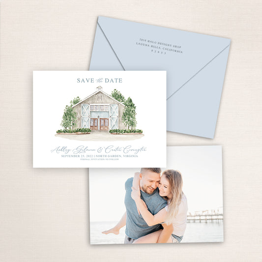 Custom watercolor Save the Date card featuring hand-painted venue illustration of Pippin Hill in North Garden, Virginia, personalized wedding stationery with elegant venue artwork with matching envelope.